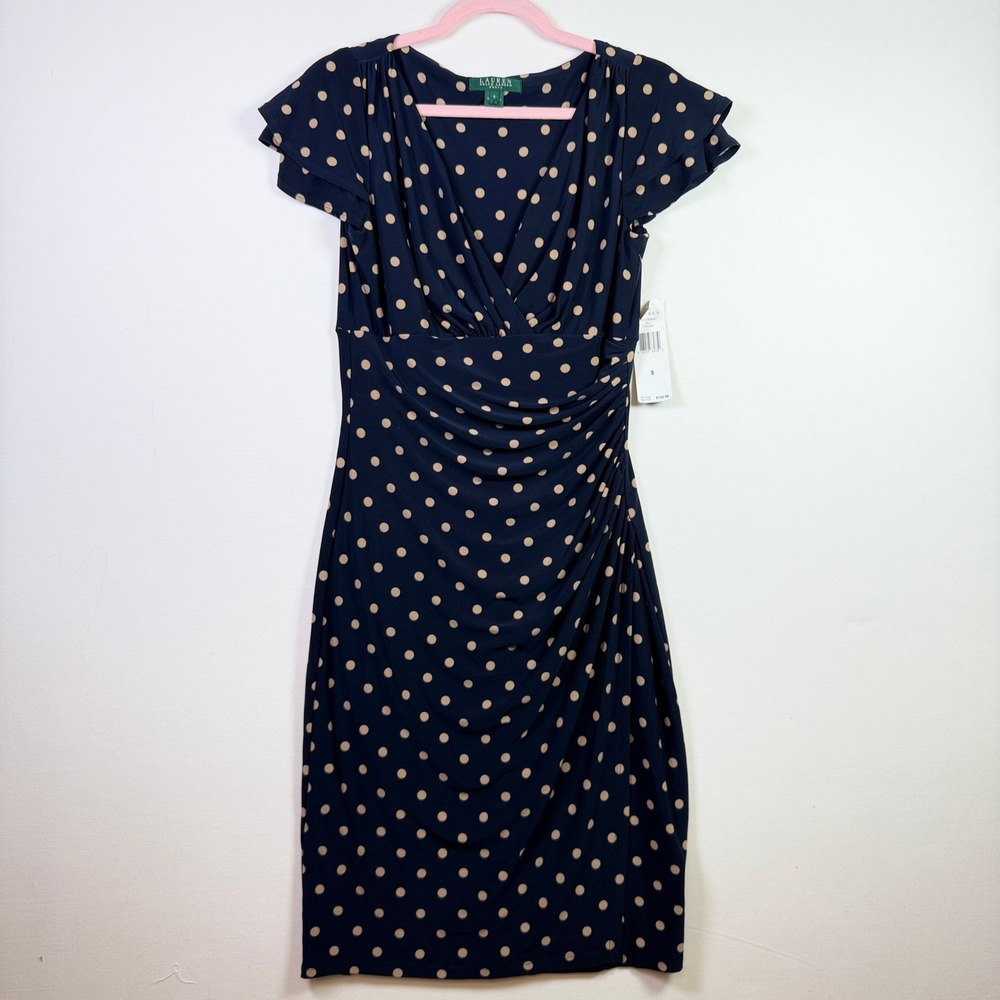 LAUREN Ralph Lauren Navy Polka Dot Ruched Flutter Sleeve Sheath Dress 8
